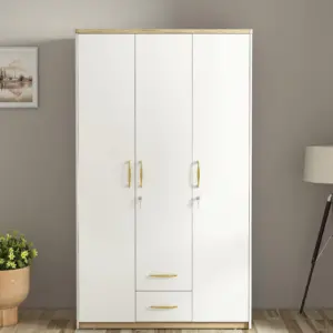 Glossy White 3 Door Wardrobes with Golden Handle Detail