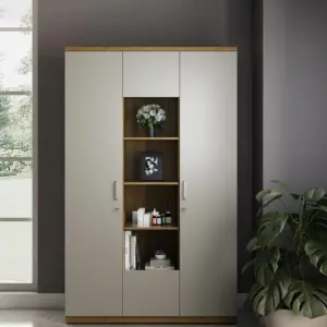 White and Walnut 3 Door Wardrobes with Open Shelf