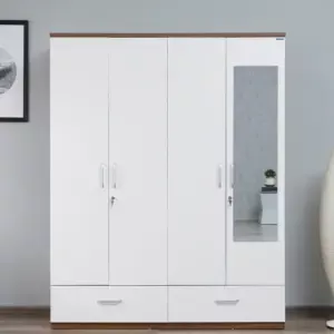 White 4 Door Wardrobes with Mirror Panel and Drawers