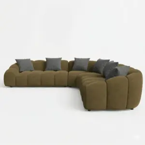 Olive Green L Shape Sofa with Rounded Cushioned Design