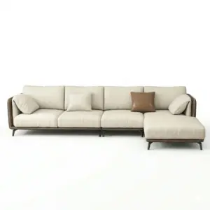 Cream and Brown L Shape Sofa with Chaise Lounger
