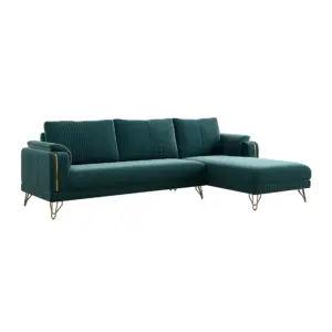Premium Teal L Shape Sofa with Gold Legs and Ribbed Design