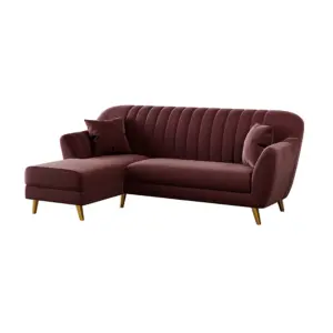 Burgundy Velvet L Shape Sofa with Left Chaise and Gold Legs