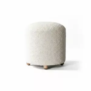 Cozy Cream Boucle Mudha - Minimalist Round Ottoman with Wooden Studs