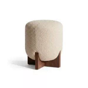 Nordic Cream Boucle Mudha - Designer Round Ottoman with X-Wooden Base