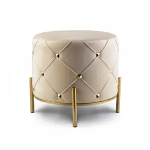 Royal Beige Studded Mudha - Luxury Velvet Ottoman with Gold Base