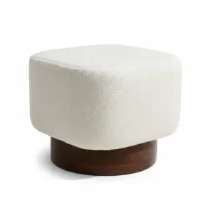 Minimalist Off-White Mudha - Designer Boucle Sitting-Stool with Walnut Base