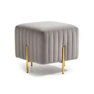Modern Grey Fluted Mudha - Luxury Square Ottoman with Gold Legs